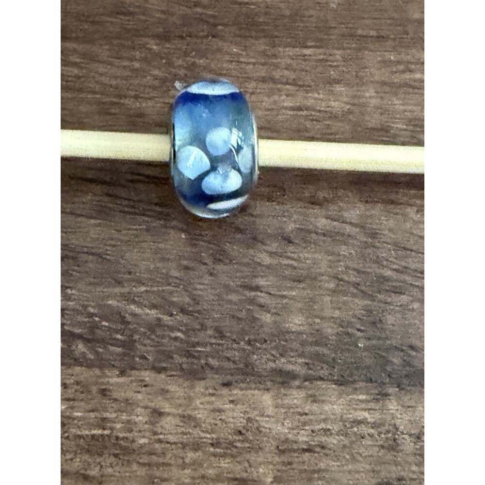 925 Sterling Silver Retro Slide Charm Murano Glass Bubble Bead Blue White Flower - Picture 2 of 4